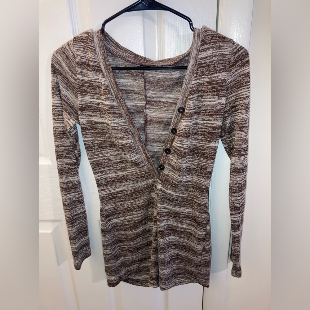 SHEIN Brown and Cream Knit Button Down Long Sleeve Romper